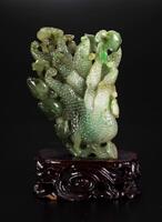 A Jade Carved Flower and Lanzi Statues(wood stand)
