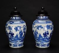 Qing-A Pair Of Blue And White ‘Figure’ Vase With Wood Covers And Wood Stand‘Kangxi Nian Zhi ‘Mark