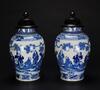 Qing-A Pair Of Blue And White ‘Figure’ Vase With Wood Covers And Wood Stand‘Kangxi Nian Zhi ‘Mark