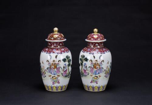 Qing-A Pair Of Carmine Ground And Famille-Rose Vases