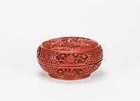 Qing-A Red Cinnabar Carved ‘Guan Yu in Battle’ Circlar Cover Box