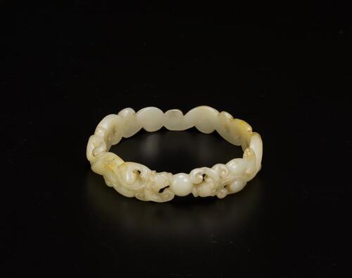 Qing-A White Jade Carved Double Dragon Chase Pearl Arm Bangle