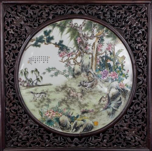 Hong Shiyue (B.1928)A Famille-Glazed _Horse_ Large Porcelain Plaque Mounted Wood Framed