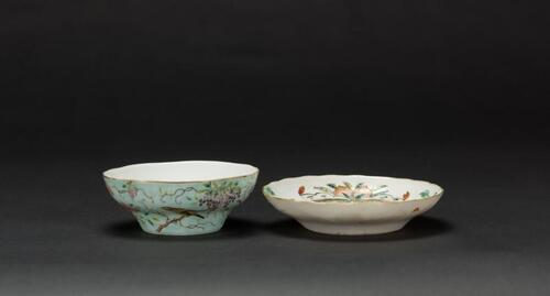 Late Qing/Republic-A Turqoise Ground _Flowers And Bird_ Bowl and Famille Glazed Dish