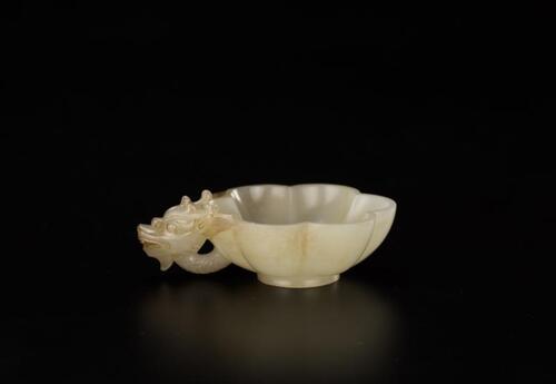 Qing-A White Jade Carved Dragon Head Plum Flower Shape Brush Washer