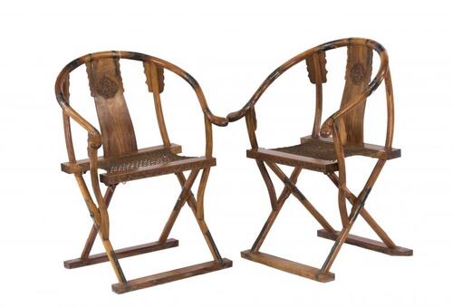 A Pair Of Huanghuali and Mix Wood Folding Horseshoe Back Arm Chair