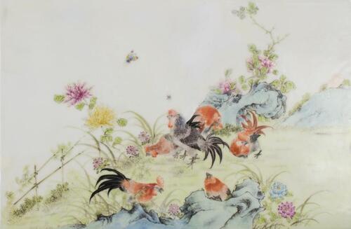 Early 20th Century-A Famlle- Glazed _Rooster_ Porcelain Plaque
