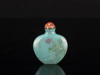 Qing- A Turquoise Color Glass Snuff Bottle Painted ‘Lotus’