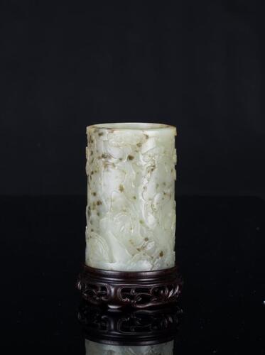 Qing- A White Jade Brush Holder Engraved Imperial Poem