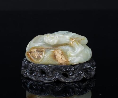Qing-A White Jade Carved 'Chilung And Wave' With Wood Stand