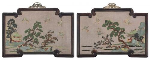 Qing - A Pair Of Cherry Wood Framed Embellished Lacquer Panels