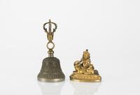 Qing - A Gilt- Bronze Figure of Jambhala And Riual Bell, Inside the Bell Has Character Mark