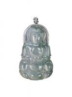 A Icy like Translucant Jadeite Guanyin Pendant Mounted in 18K Gold and Diamonds