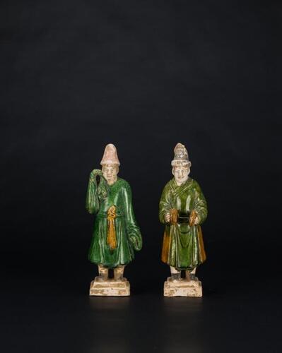 Tang-A Pair Of Green and Yellowish Glazed Ceramic Figure