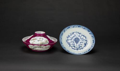 A Ruby-Red Ground Bowl And Blue And White Plate