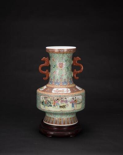 Early 20th Century- A Famiile Glazed &#8216;Dream Of Red Chamber&#8217;Double Handle Vase(Woodstand)