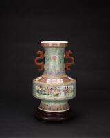 Early 20th Century- A Famiile Glazed &#8216;Dream Of Red Chamber&#8217;Double Handle Vase(Woodstand)