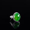 A Stunning Large Glassy Bright Green Jadeite Diamond Ring