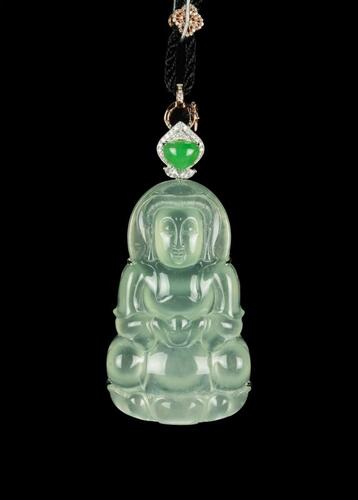 An Icy Apple Green Jadeite Guanyin And Diamond Pendant