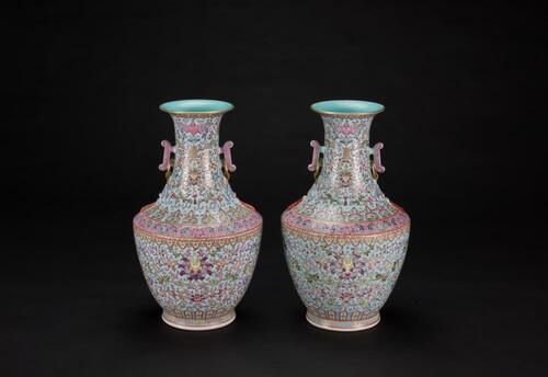 19th Century-A Pair of Green Ground Famille-Glazed Double Handle Vases