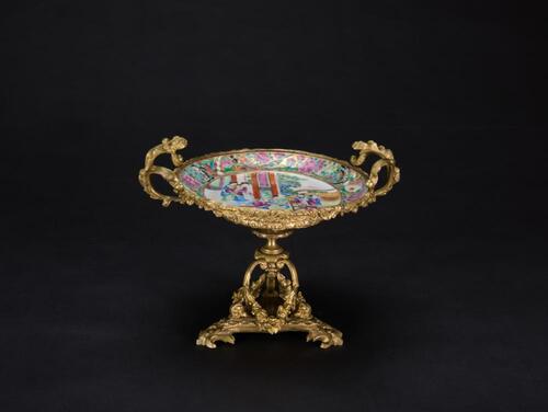 Qing- A Guang Cai Plate Mounted In Gilt-Bronze Double Handle Stand