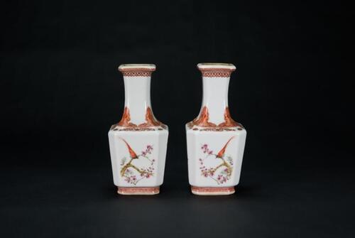 Republic-A Pair Of Copper Red Famille-Glaze �Birds in Branch� Vases With Marks