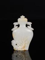 Qing-A White Jade Carved Orchid and Rock Double Ring Handle Cover Vase