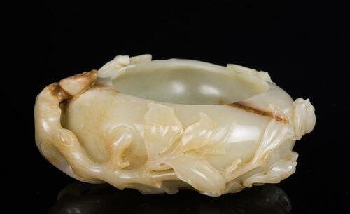 Qing-A White Jade Carved Branch and Bat Brush Washer