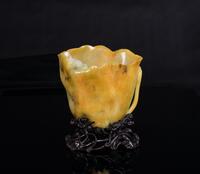 Qing-A Jadeite Carved Lotus Flower Cup, Woodstand