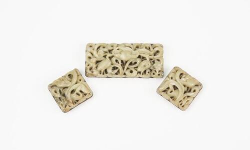 Song / Ming - A Set Of Celadon White Jade Carved �Crane and Lotus Pond� Beltbuckle (3 ps)