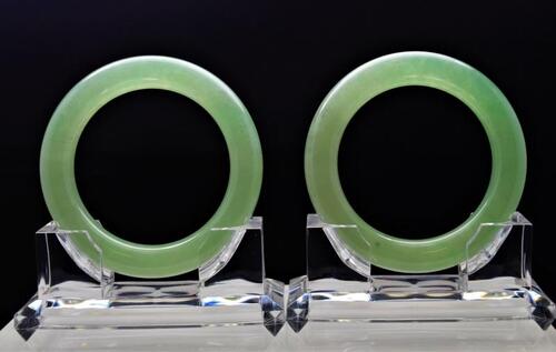 A Pair Of Spectacular Translucent Full Green Jadeite Jade Bangles