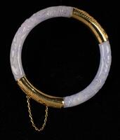 A Semi Translucent Lavender Jadeite Bangle In 14k Gold Mounted