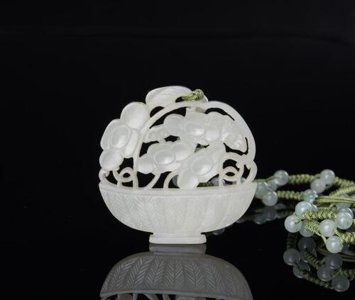 Qing- A White Jade Carved 'Flower In Basket' Pendant and Jade Beads String Necklace