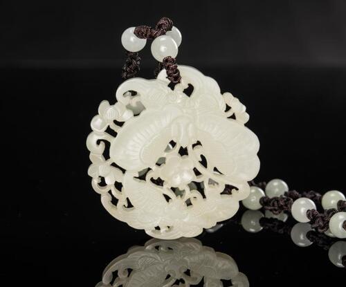 Qing - A Fine White Jade Carved 'Butteries And Flowers' Pendant with Jade Beads String Necklace