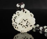 Qing - A Fine White Jade Carved 'Butteries And Flowers' Pendant with Jade Beads String Necklace