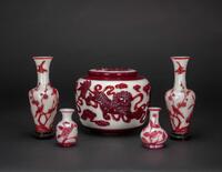 Qing - A Group Of Five White Overlay Red 'Flower, Cloud' Glass Vases And Cover Jar