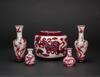 Qing - A Group Of Five White Overlay Red 'Flower, Cloud' Glass Vases And Cover Jar