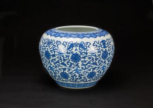 Qing - A Large Blue And White Eight Treasures And Flowers Jar With 'DinQing Qianlong Nian Zhi'Mark