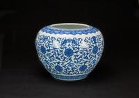 Qing - A Large Blue And White Eight Treasures And Flowers Jar With 'DinQing Qianlong Nian Zhi'Mark