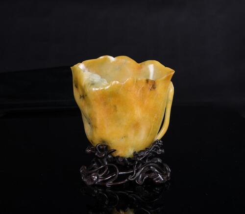 Qing- A Green and Yellowish Jadeite Carved Lotus Flower Sharpe Vase (With Stand)