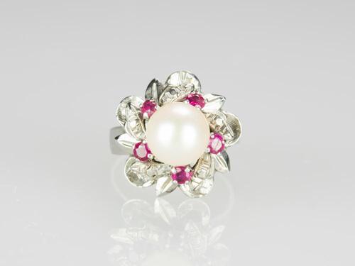 A Pearl With Ruby Mounted in White Gold Ring