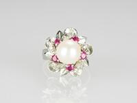 A Pearl With Ruby Mounted in White Gold Ring