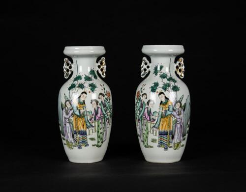 Republic- A Pair Of Famillie-Glaze Figures Vase