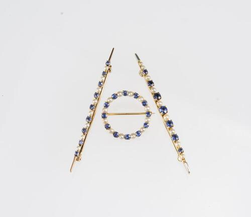 A Set Of Natural Pearl, Sapphire Brooch (3 pc)