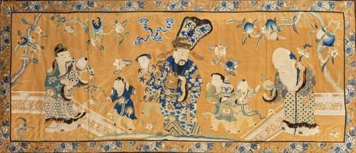 Late Qing- A Large Embroidered Silk and Gilt- Thread Fu,Lu,Shou Panel,