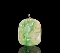 Republic-An Apple Green Jadeite Carved Koi,Pine Large Pendant