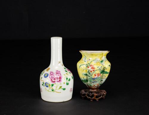 Republic- A Yallow Ground Famiile Glaze Wall Vase (Woodstand) and Famille- Glaze Vase (2ps)