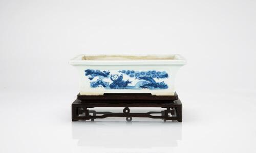 Late Qing/Republic - A Blue And White Daffodil Flower Pot (wood stand)