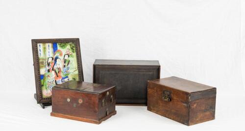 Late Qing-A Group Of Four Wood Box And Mirror