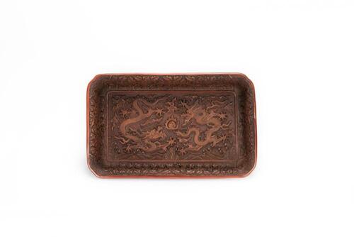 Qing - A Red Cinnabar Lacquar Carved Double Dragon Chasing Peral Tray